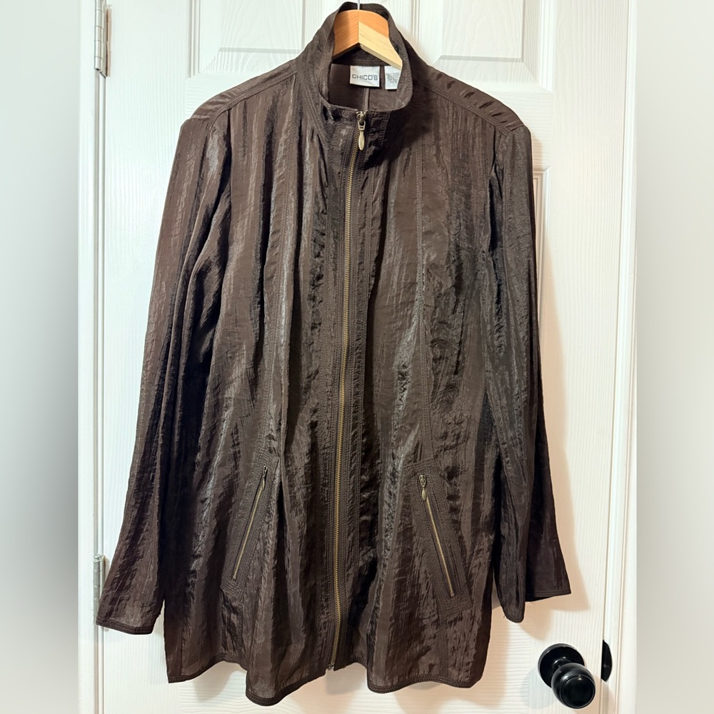 Chico’s Dark Brown Textured Zip Front Jacket Stand Collar Lightweight Women’s XL